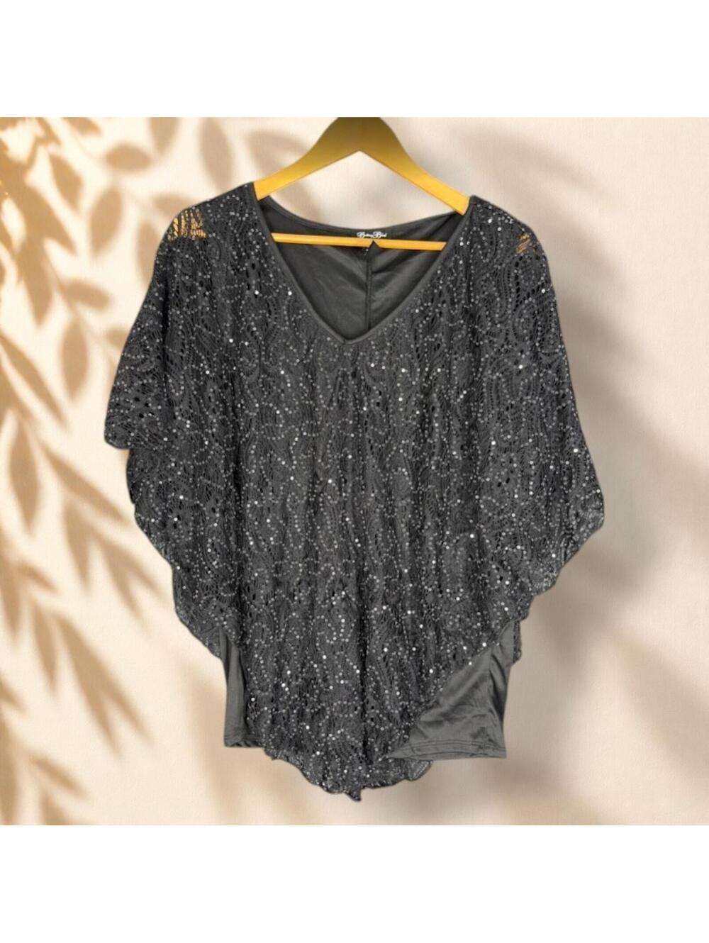 Brittany Black Blouse Women L Large Black Sequin Short Sleeve V-Neck Lined